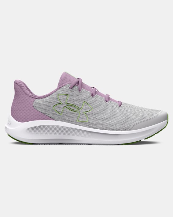 Girls' Grade School UA Charged Pursuit 3 Big Logo Running Shoes in Gray image number 0